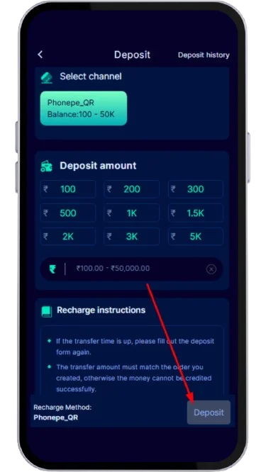Click on deposit button