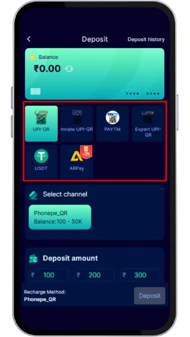 Select a deposit payment method